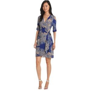 BCBGMaxAzria Blue and Tan Floral Wrap Dress size LP